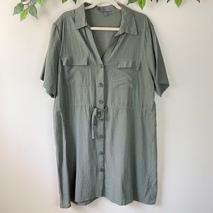 Primark Shirt Dress Button Down Drawstring Waist Olive Green